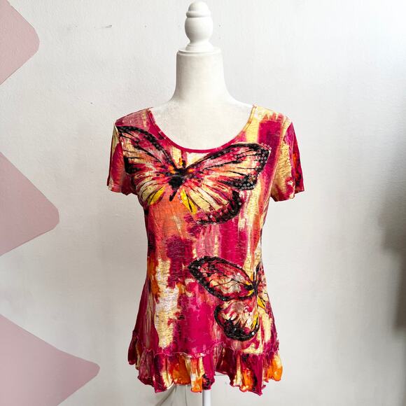 Vintage Y2K Butterfly Sequin Top 2000s Fairycore Cyber Indie Sleaze Medium - Picture 1 of 6